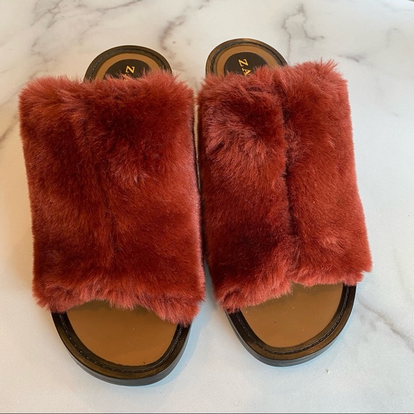 ZARA Faux Fur Block Heel Mule Brick Merlot Berry Maroon - Picture 4 of 9
